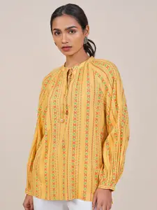 Global Desi Women Mustard Viscose Rayon Print Tie-Up Neck long Sleeves Top
