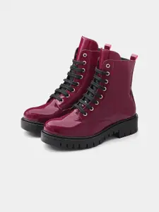 ADORLY Women Burgundy Casual Block-Heeled Regular Lace-Ups Boots