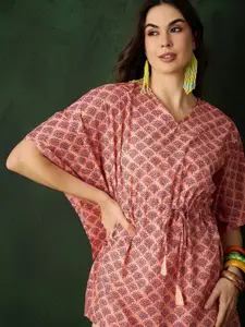 Sangria Peach Floral Printed Pure Cotton Kaftan Top With Trousers Co-Ords
