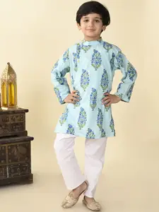 Superminis Boys Floral Printed Mandarin Collar Pure Cotton Straight Kurta With Pyjama