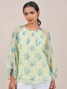 Global Desi Floral Printed Round Neck Blouson Top