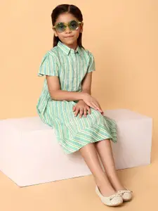 Indo Era Girls Striped Printed Cotton Fit & Flare Dress