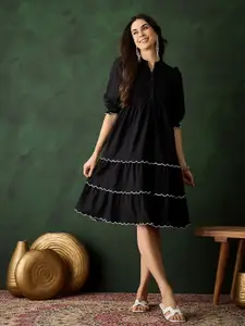 Sangria Women Mandarin Collar Cotton Fit & Flare Dresses