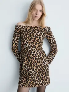 MANGO Animal Print Off-Shoulder Bodycon Dress