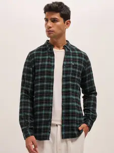 THE BEAR HOUSE Men Button-Down Collar Tartan Checked Cotton Slim Fit Casual Shirt