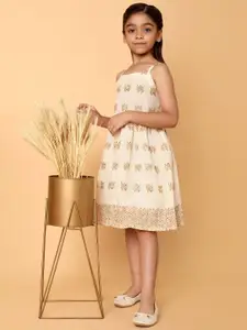 Indo Era Girls Shoulder Straps Cotton Floral Embroidered Fit & Flare Dress