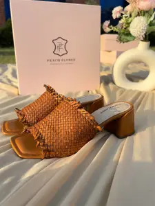 Peach Flores Women Woven Leather Block Heels