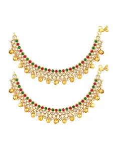 Peora Gold-Plated Stone Studded and Beaded Anklets