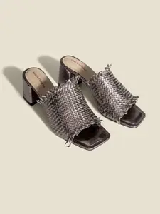 Peach Flores Women Leather Block Peep Toes with Laser Cuts