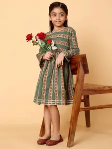 Indo Era Striped Printed Cotton Fit & Flare Dress