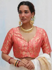 Chidiyaa Brocade Women Pink V Shaped Hook and Eye  Saree Blouse