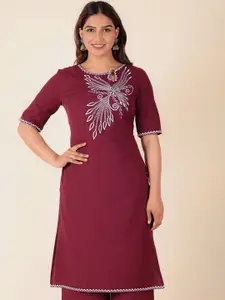 Aramya Keyhole Neck Short Sleeves Regular Thread Work Linen Straight Kurta