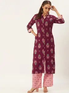 Anouk Burgundy Mandarin Collar Floral Printed Straight Liva Kurta