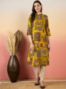 Anouk Yellow and Brown Band Collar Floral Printed Straight Kurta