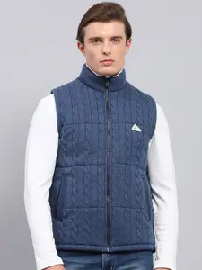 Monte Carlo Men Mock Collar Self Design Wool Casual Open Front Jacket