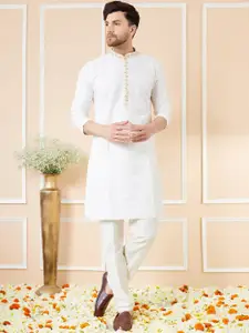 See Designs Mandarin Collar Long Sleeves Regular Thread Work Pure Cotton Kurta With Pyjama
