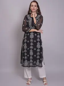Seva Chikan Mandarin Collar Ethnic Motifs Embroidered Chikankari Cotton Kurta