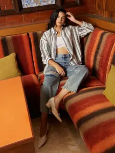 Campus Sutra Women Comfort Spread Collar Multi Striped Cotton Oversized Casual Shirt