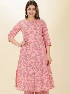 Aramya Floral Printed Round Neck Three-Quarter Sleeves Regular Pure Cotton Kurta
