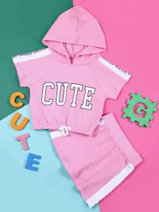 V-Mart Girls Hooded Printed Pure Cotton Sweatshirt with Skirt