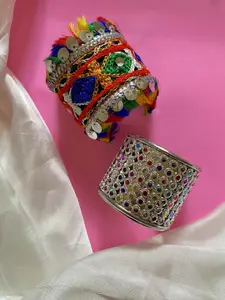 ATIBELLE Set Of 2 Silver-Plated Stone-Studded & Thread Design Bangles