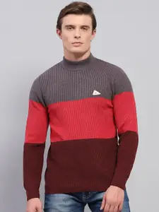 Monte Carlo Men Striped Colourblocked High Neck Full Sleeve Woollen Pullover
