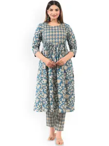 Aramya Floral Printed Round Neck Three-Quarter Sleeves Pure Cotton A-Line Kurta