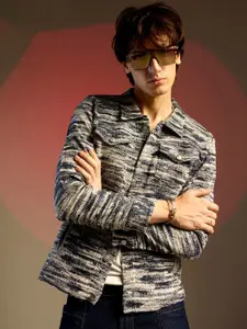 Campus Sutra Men Spread Collar Self Design Cotton Casual Biker Jacket