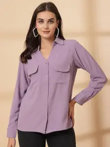 plusS Women Spread Collar Solid Casual Shirt