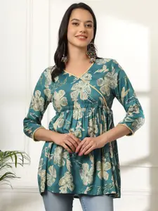 Anouk Women Floral Printed V-Neck Gotta Patti Short Kurti