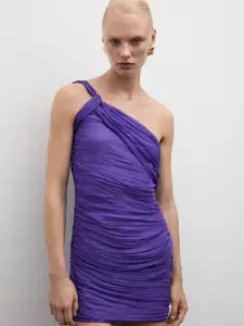 MANGO One Shoulder Ruched Pleated Bodycon Mini Dress