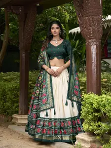 LOOKNBOOK ART Printed Tussar Silk Ready to Wear Lehenga & Unstitched Blouse With Dupatta