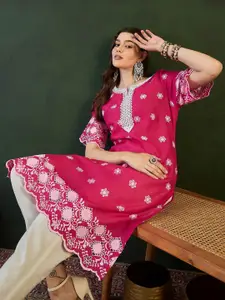 Sangria Ethnic Motifs Embroidered Round Neck Schiffli Pure Cotton Straight Kurta