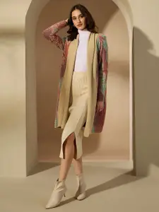 CREATIVE LINE Geometric Self Design Shawl Collar Longline Woollen Open Front Shrug