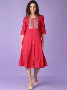 V-Mart Floral Embroidered Round Neck Three-Quarter Sleeves Panelled A-Line Kurta