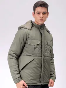 The Indian Garage Co Men Olive Solid Hooded Neck Padded Parka Jacket