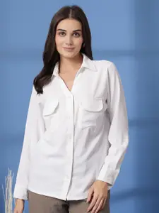 plusS Women Spread Collar Solid Casual Shirt