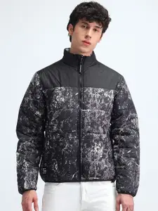 Flying Machine Men Mock Collar Abstract Printed Casual Padded Jacket