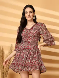 aayu Floral Printed Bell Sleeve Georgette Fit & Flare Dress
