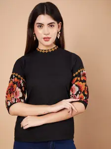 all about you Women Embroidered Round Neck Puff Sleeves  Top