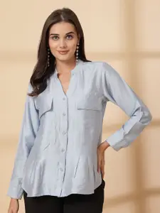 plusS Women Mandarin Collar Solid Casual Shirt