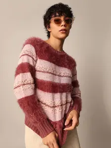 ONLY Women Striped Self Design Round Neck Long Sleeves Pullover Fuzzy Sweaters