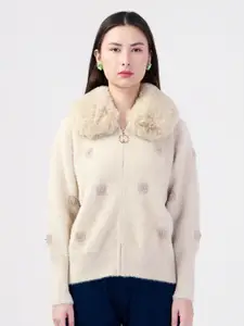 Albion By CnM Women Self Design Peter Pan Collar Long Cuffed Sleeves Fuzzy Sweater