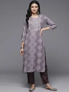 Indo Era Mauve and White Round Neck Bandhani Printed Sequinned Straight Kurta