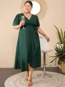 Berrylush Curve Women V-Neck Wrap Plus Size Midi Dress