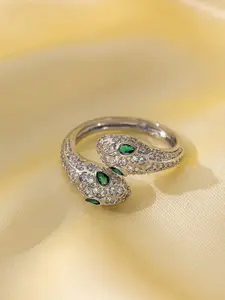 MYKI Stainless Steel Silver-Plated Stones-Studded Adjustable Finger Ring