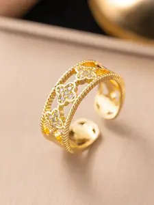 MYKI Stainless Steel Gold-Plated Stone-Studded Adjustable Finger Ring