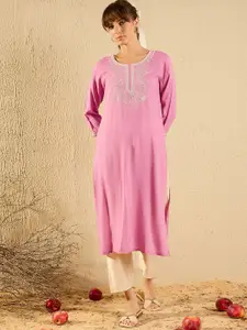 Indo Era Pink and White Floral Embroidered Thread Work Straight Kurta