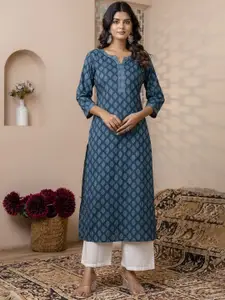 Nayo Teal Floral Printed Round Neck Three Quarter Sleeves Regular Pure Cotton Kurta