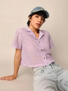 ONLY Women Cuban Collar Textured Cotton Boxy Casual Shirt